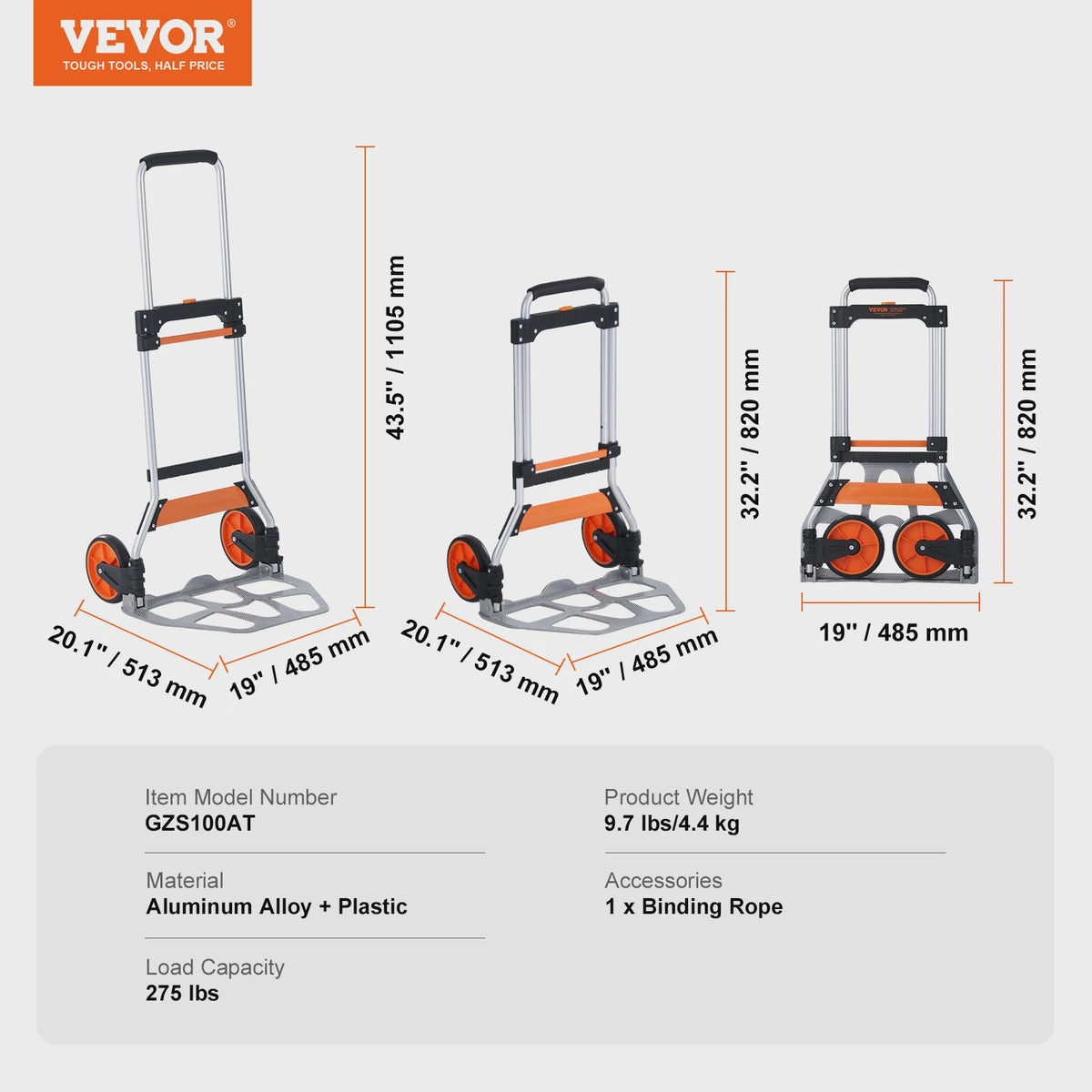 Opvouwbare Transportkar met Telescopische Handgreep en Spanband - Max 140 kg
