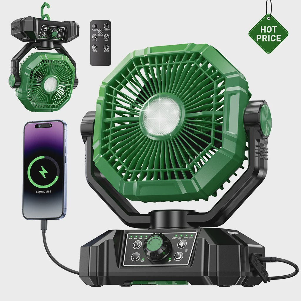 Draagbare 20000mAh Camping Ventilator met LED Lamp, Afstandsbediening & 8 Snelheden - Ideaal voor Buiten, Tent, Werkplaats