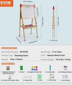 Dubbelzijdig Houten Teken-easel voor Kinderen met Whiteboard & Krijtbord - Inclusief 37 Accessoires