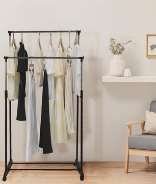 Verstelbare Kledingrek met 2 Hangen Rails en Wielen - 84-150 cm Breed