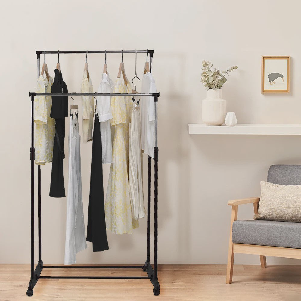 Verstelbare Kledingrek met 2 Hangen Rails en Wielen - 84-150 cm Breed