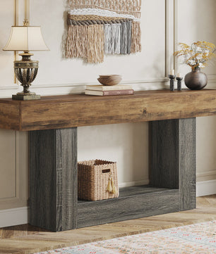 Lange Console Tafel 63 Inch - Farmhouse Entree Tafel met U-Vormige Basis en Onderste Plank