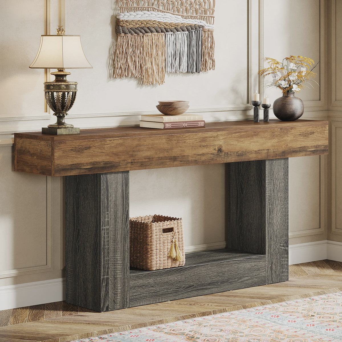 Lange Console Tafel 63 Inch - Farmhouse Entree Tafel met U-Vormige Basis en Onderste Plank