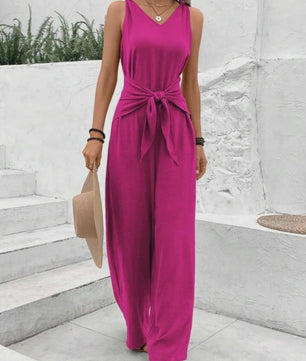 Modieuze Dames Jumpsuit met Wijde Pijpen, V-hals en Strikceintuur - Zomer & Vakantie