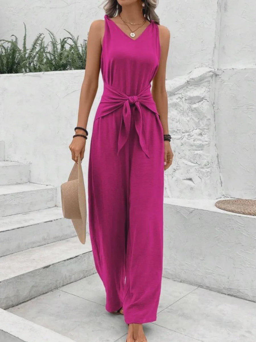 Modieuze Dames Jumpsuit met Wijde Pijpen, V-hals en Strikceintuur - Zomer & Vakantie