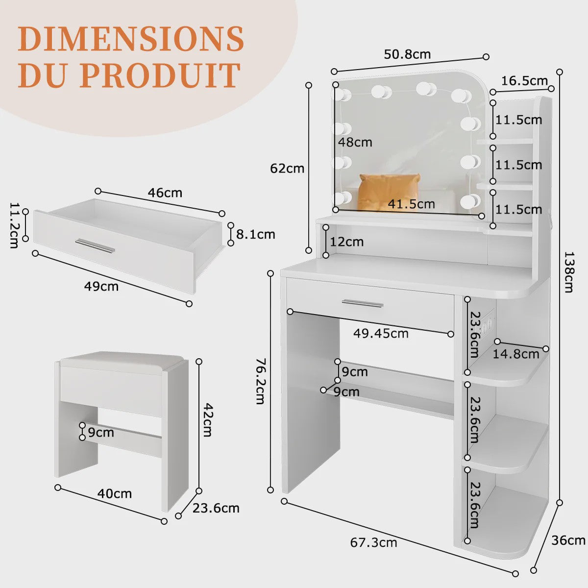 Kaptafel met Verlichte Spiegel, Lade, Haken en Ingebouwde Oplaadstation - Ideaal voor Kleine Appartementen