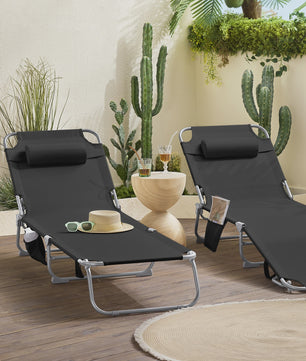 Set van 2 Loungestoelen - Opvouwbaar, Comfortabel met Kussen en Zijvak - Tuin & Terras