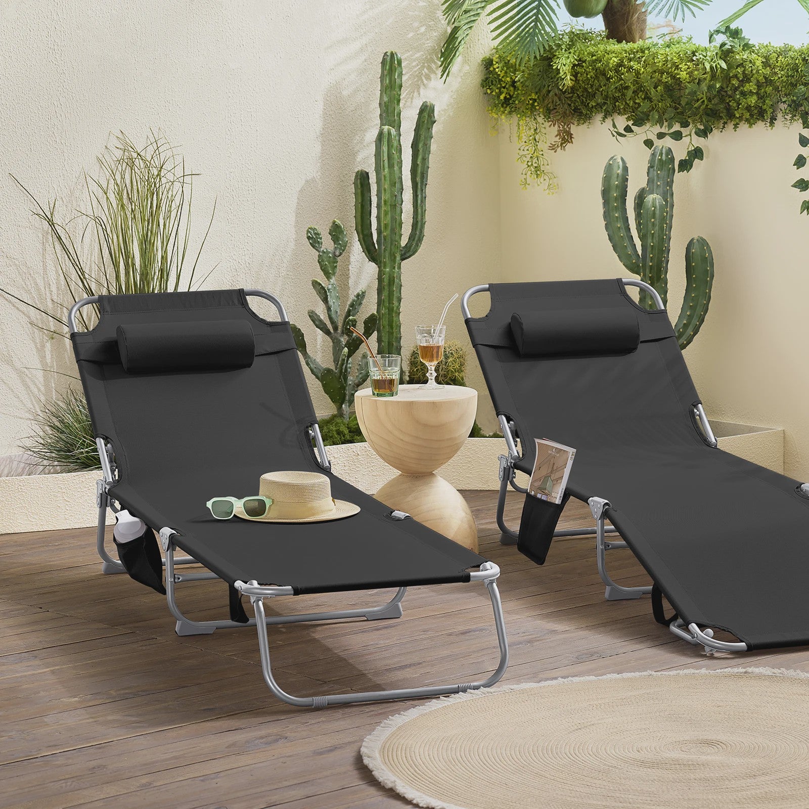 Set van 2 Loungestoelen - Opvouwbaar, Comfortabel met Kussen en Zijvak - Tuin & Terras