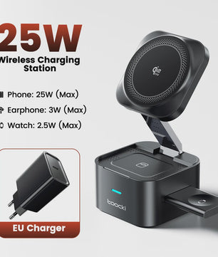 Toocki 25W QI2.2 3-in-1 Draadloze Oplaadstation voor iPhone, AirPods, iWatch & Samsung - Magsafe Compatibel