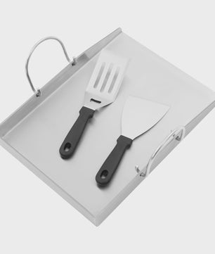RVS Grillplaat met Handvatten en Spatels - Ideaal voor Buiten BBQ, Camping & Familie Diner