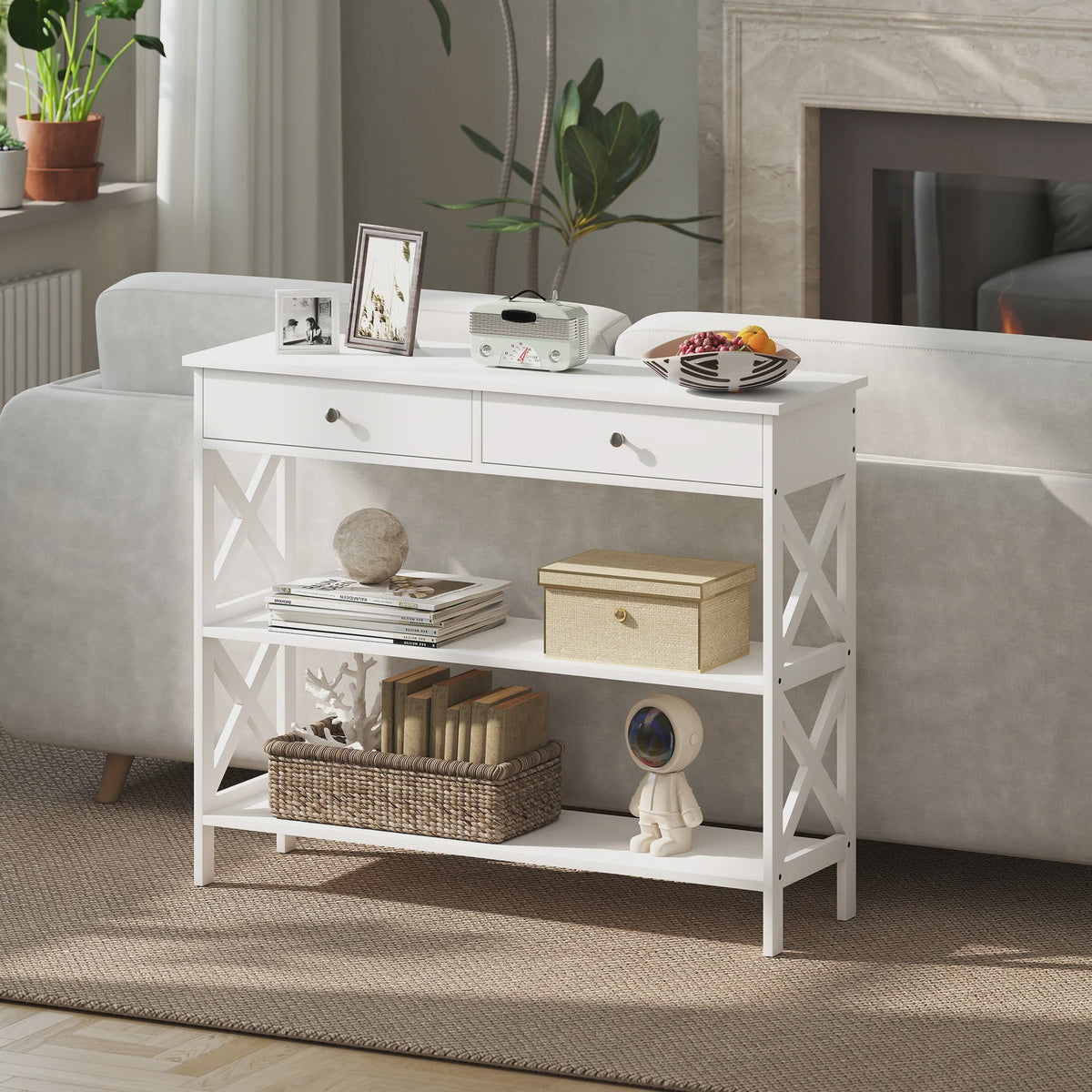 Witte Console Tafel met 2 Lades en 2 Open Vakken - 100x30.5x80cm