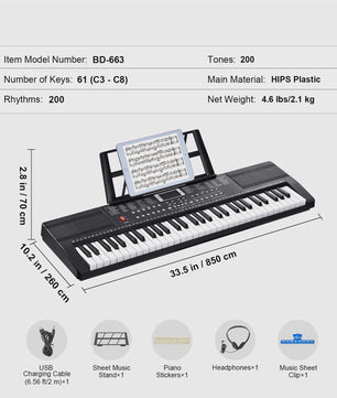 Digitale Keyboard Piano 61 Toetsen - Draagbaar, 200 Tones & 200 Rhythms - Ideaal voor Beginners