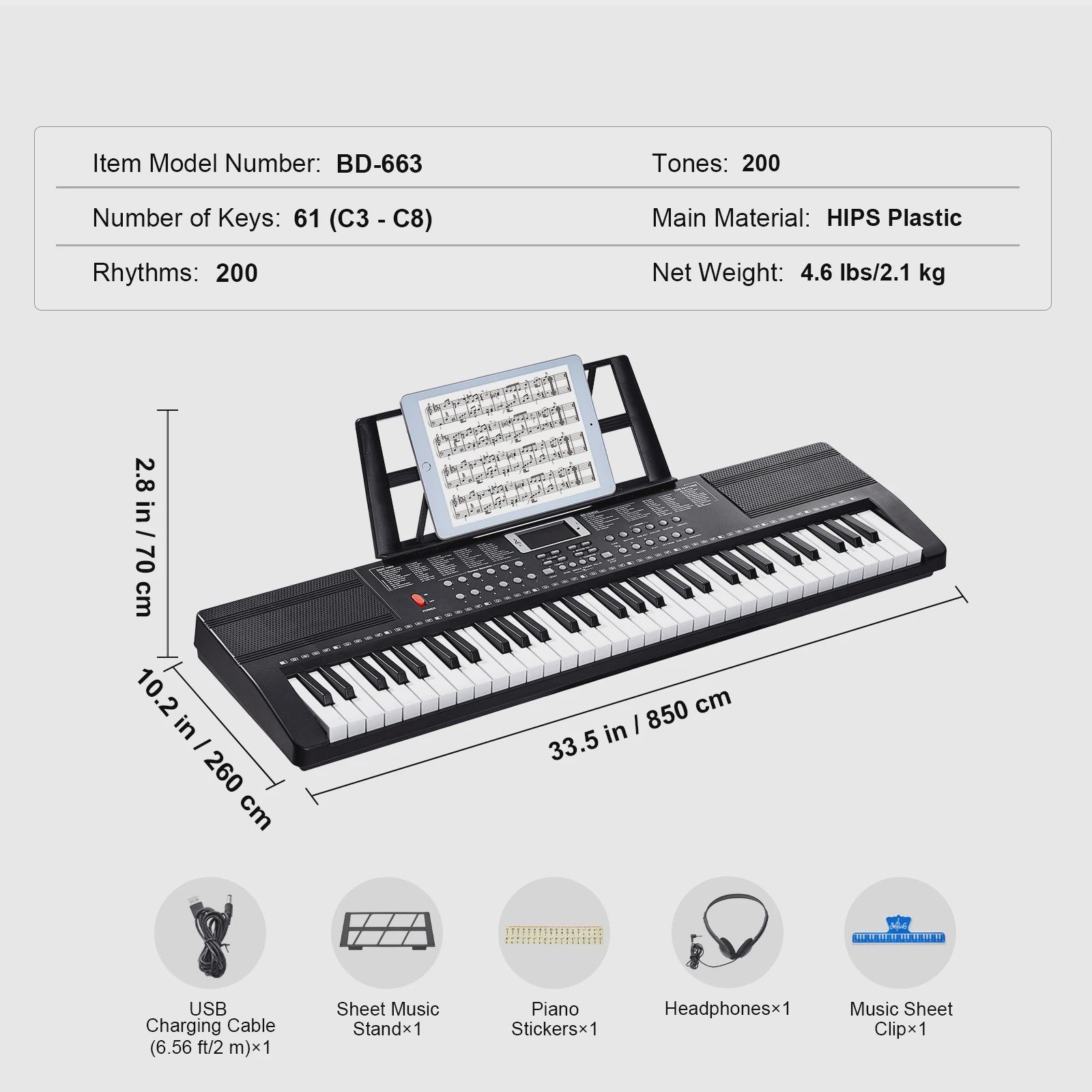 Digitale Keyboard Piano 61 Toetsen - Draagbaar, 200 Tones & 200 Rhythms - Ideaal voor Beginners