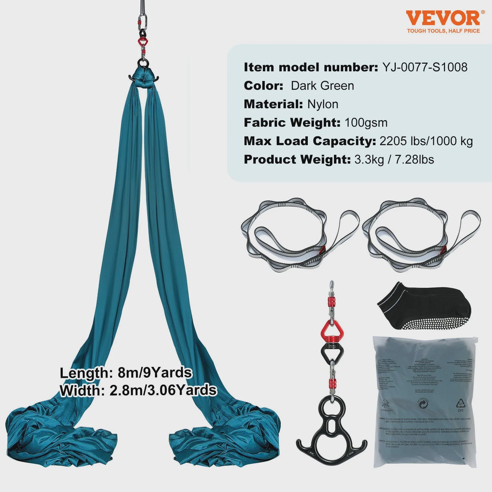 Aerial Yoga Hammock & Swing Starter Kit - 8.7/11 Yards Zijde Stof voor Alle Niveaus