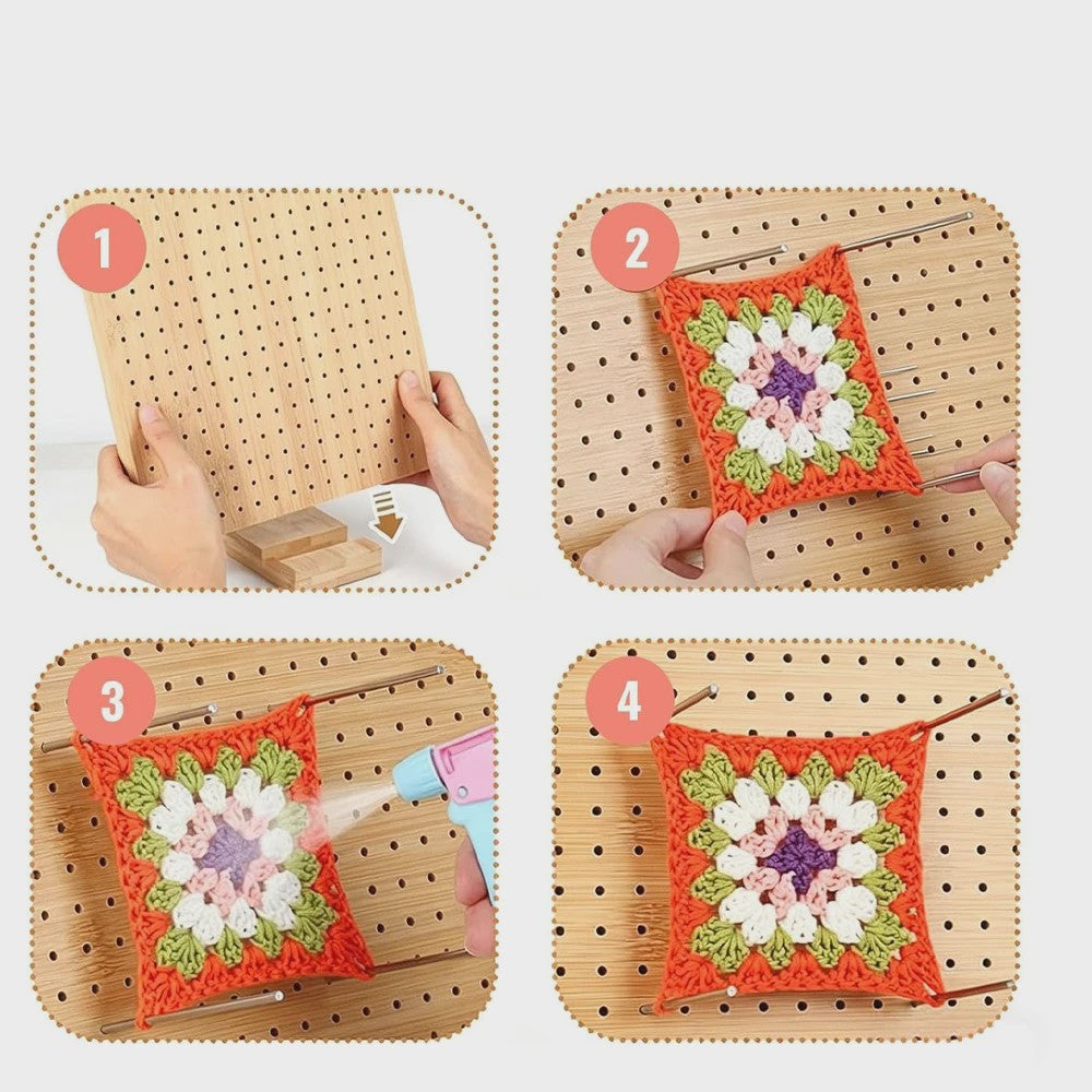 Bamboe Haakblokkeerbord met 25 Stalen Pinnen - 23x23cm - Perfect voor Granny Squares & Breien