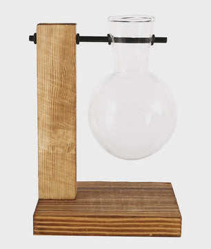 Glazen Vaas met Houten Standaard - Hydroponische Plantenbak voor Bureau & Tafel