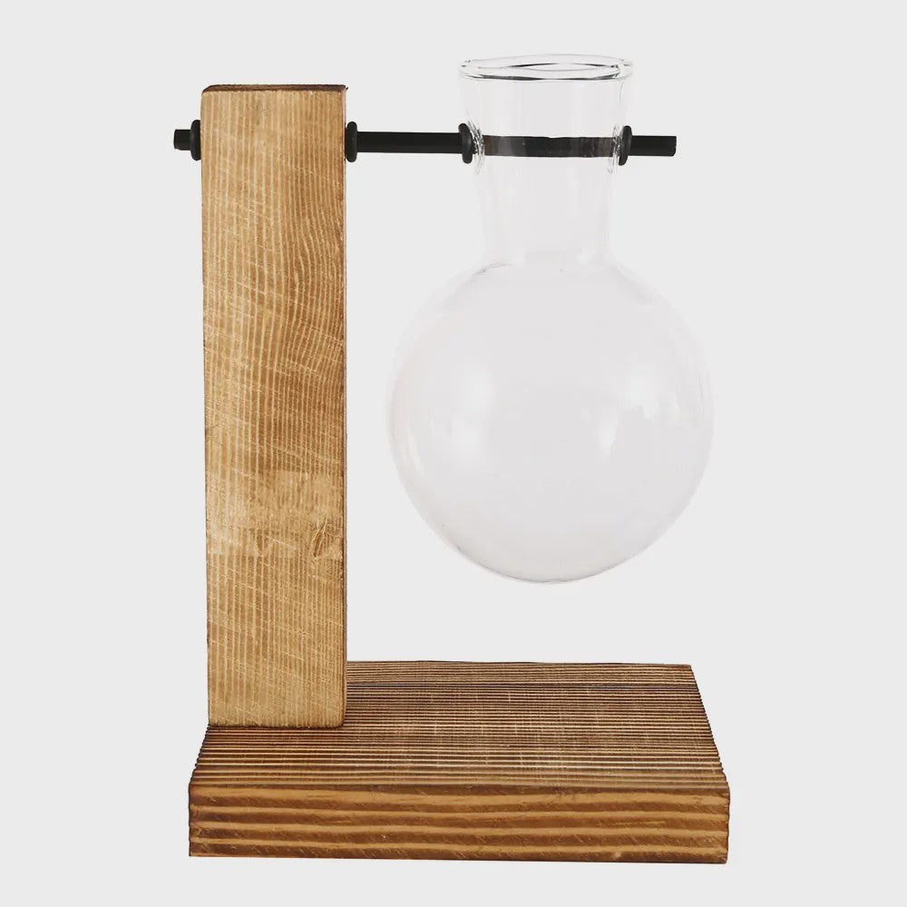 Glazen Vaas met Houten Standaard - Hydroponische Plantenbak voor Bureau & Tafel