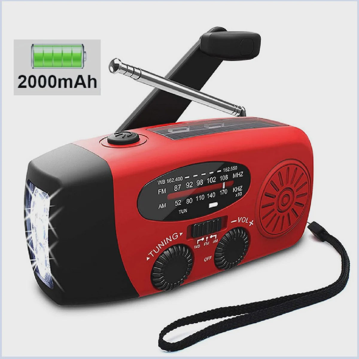 Noodlamp met Radio & Powerbank: Solar, Dynamo, USB Opladen