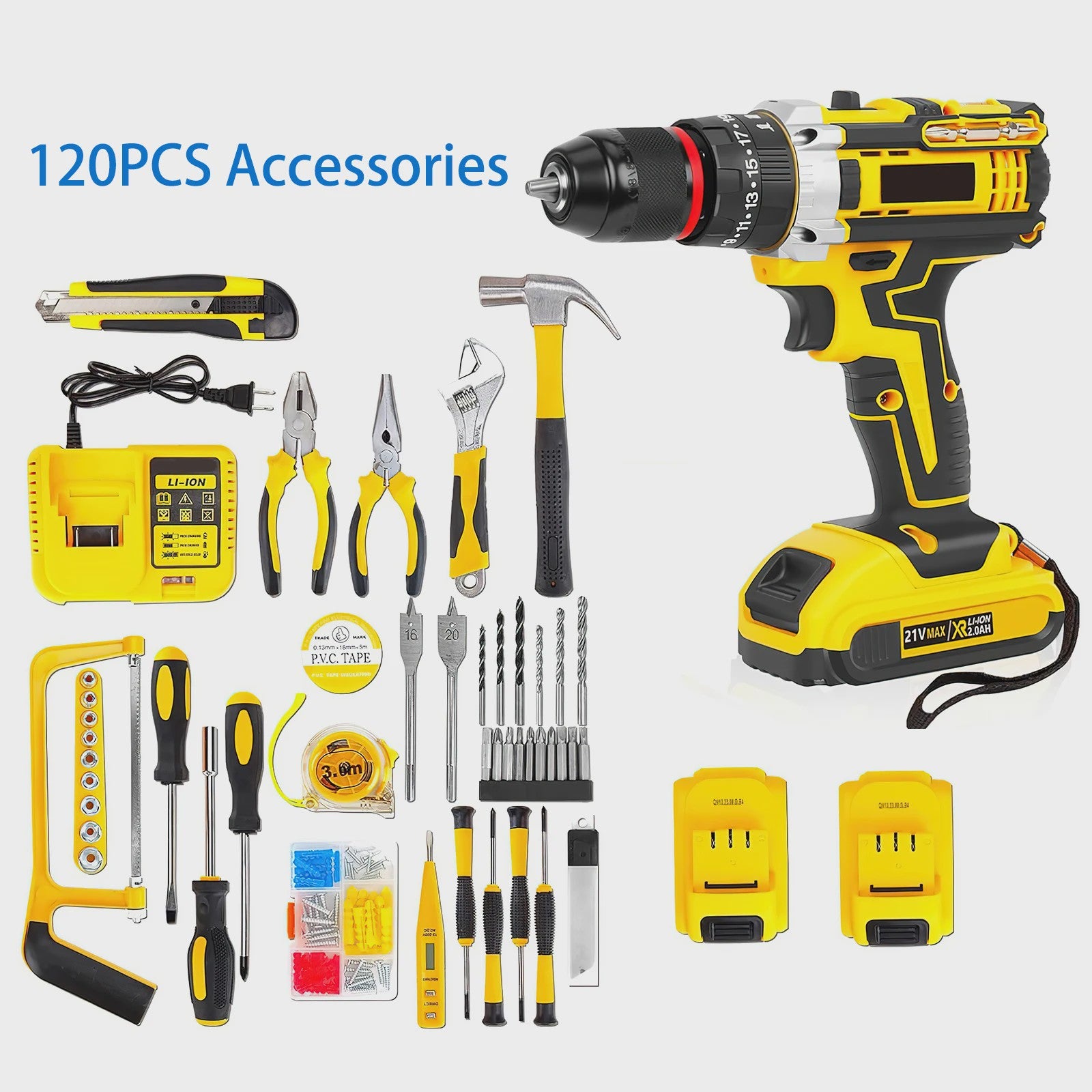 21V Accuboormachine met Klopfunctie & 120-delige Accessoireset - 45Nm Koppel, 25+3 Snelheden
