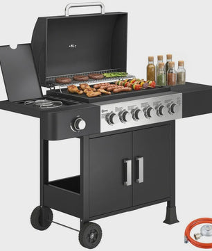 RVS Gas BBQ Grill Cart met 6+1 Branders, Zijbrander, Wielen & Thermometer