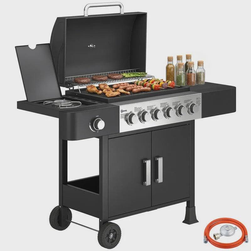 RVS Gas BBQ Grill Cart met 6+1 Branders, Zijbrander, Wielen & Thermometer