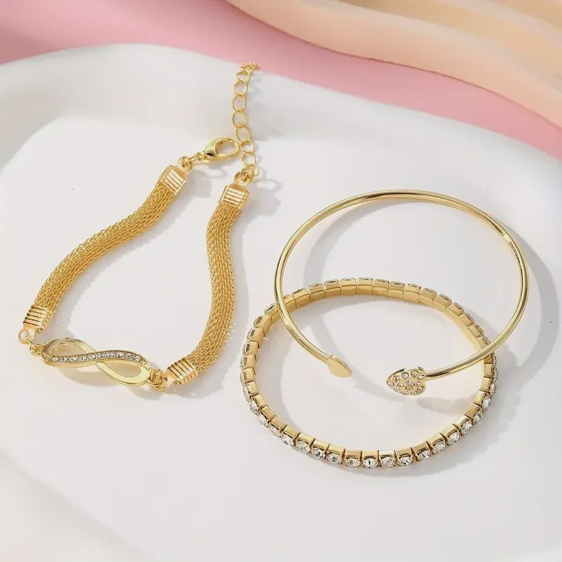 Set van 3 Vintage Kristallen Armbanden voor Dames - Hart, Oneindigheid & Geometrisch Design