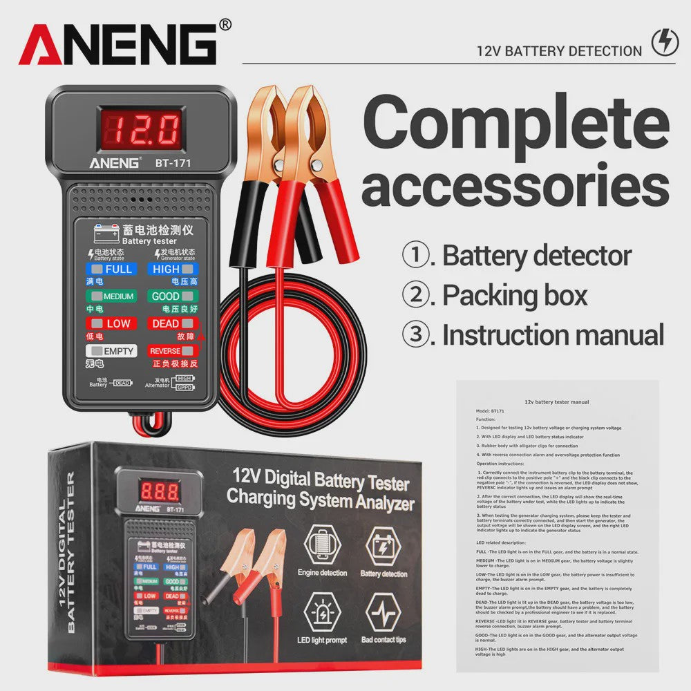 Digitale Auto Accu Tester 12V ANENG BT-171 met LED Display en Krokodillenklemmen
