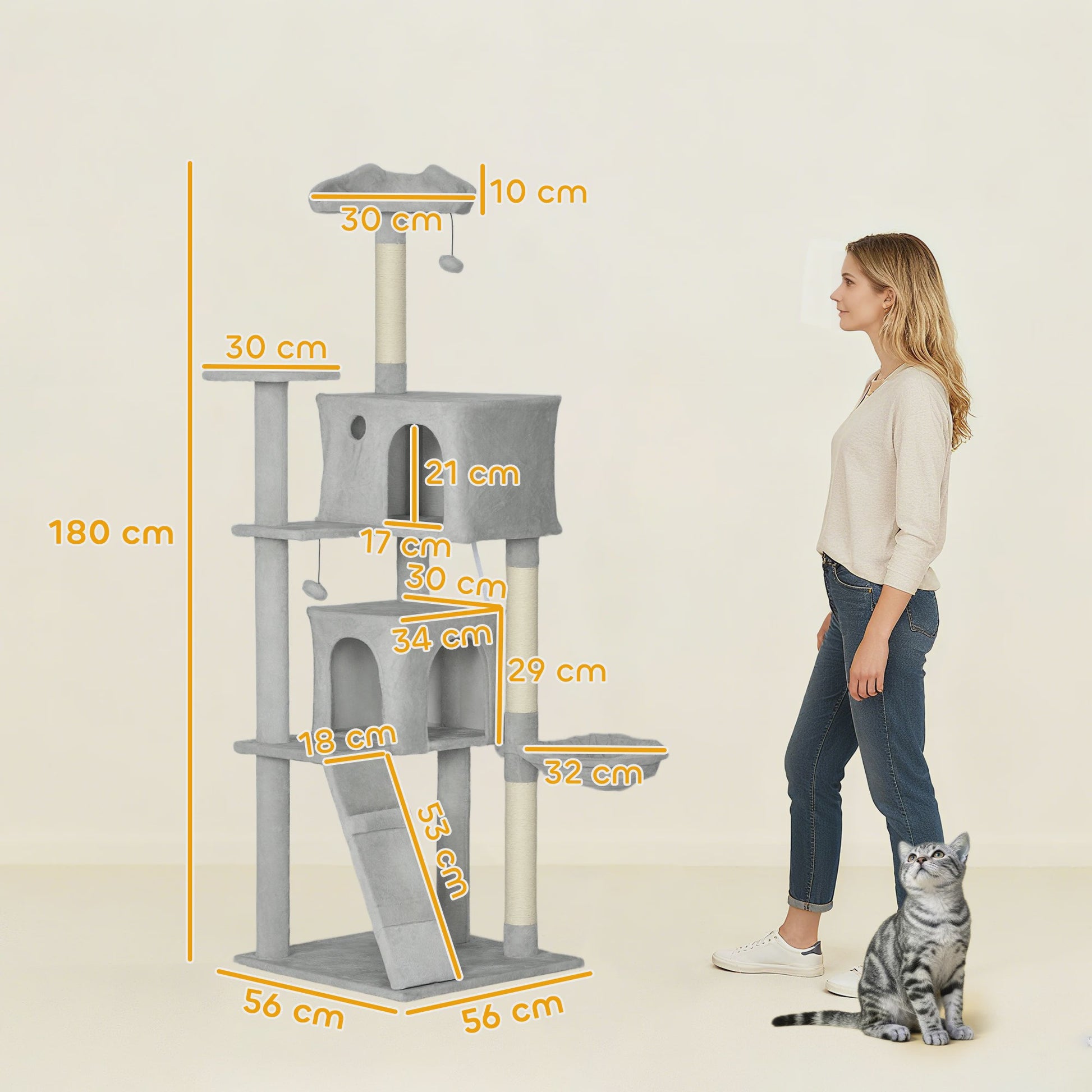 Pawhut Krabpaal 180 cm met Meerdere Verdiepingen, Hangmat en Speeltjes