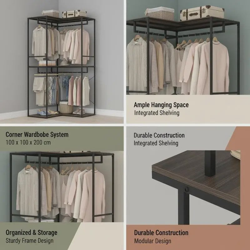 Hoek Kledingrek Wardrobe met Opslagplanken en Hangrail - 100x100x200 cm