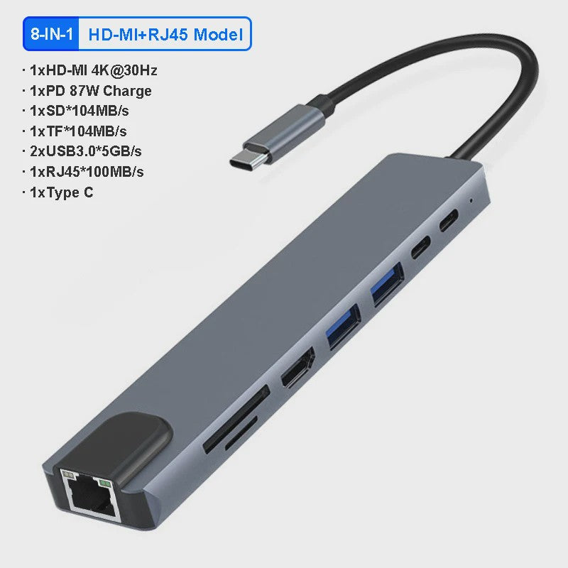 USB-C Docking Station 100W PD, 4K HDMI, VGA, RJ45, USB 3.0 Hub & SD/TF Kaartlezer