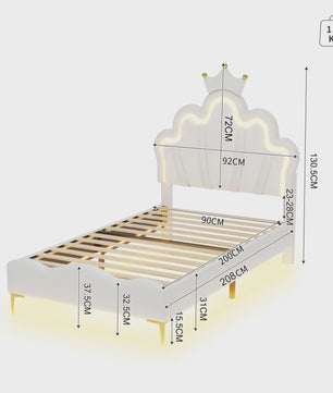 Betoverend Prinsessenbed 90x200cm met Kroon Hoofdbord, LED Verlichting en Lattenbodem