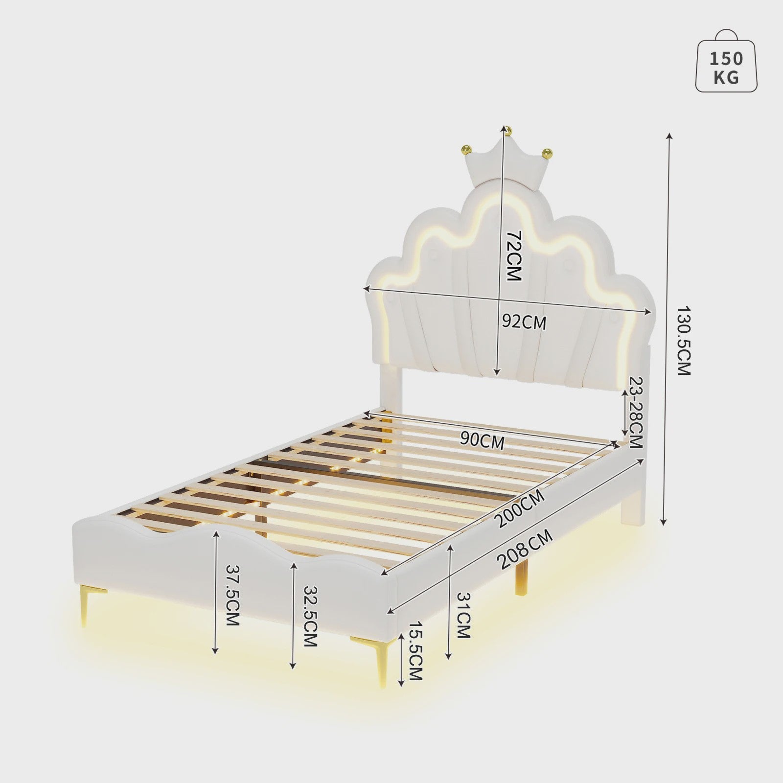 Betoverend Prinsessenbed 90x200cm met Kroon Hoofdbord, LED Verlichting en Lattenbodem