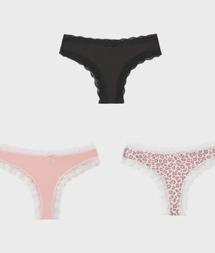3-Pack Dames Slipjes met Kantrand - Low-Waist Thong & G-String in Luipaardprint en Effen Kleuren