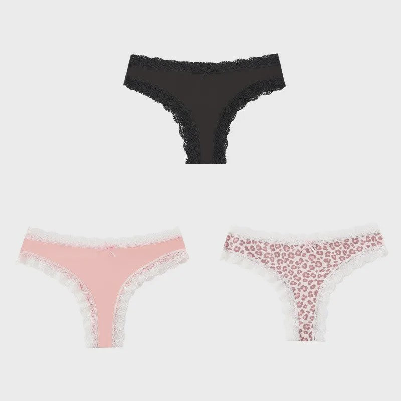 3-Pack Dames Slipjes met Kantrand - Low-Waist Thong & G-String in Luipaardprint en Effen Kleuren