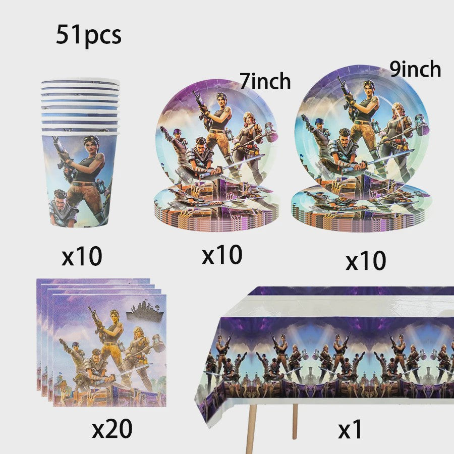 Fortnite Feestdecoratie Set: Beker, Bordjes, Tafelkleed & Meer voor Verjaardagen