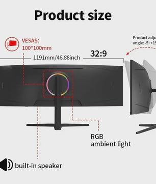 Crua 49" Curved Gaming Monitor 1500R Ultra Wide 5K 165Hz DQHD 5120x1440 VA Panel Freesync