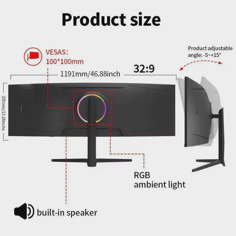 Crua 49" Curved Gaming Monitor 1500R Ultra Wide 5K 165Hz DQHD 5120x1440 VA Panel Freesync