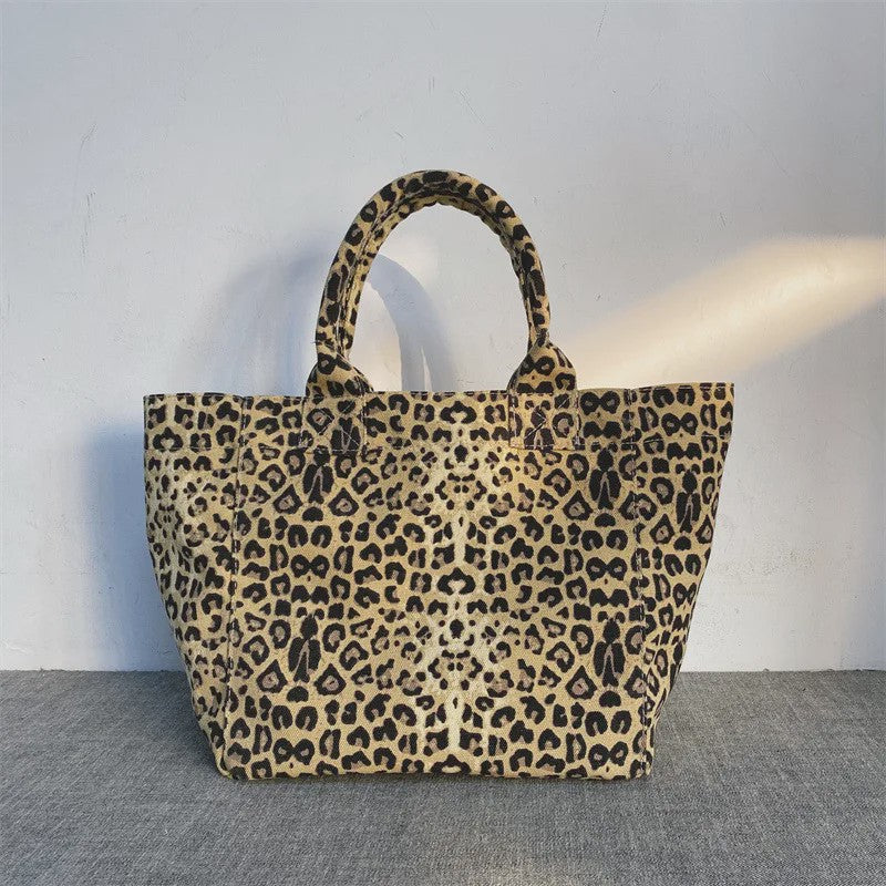 Unisex Canvas Shopper met Luipaardprint en Borduring - Stijlvolle Tote Bag voor Dagelijks Gebruik