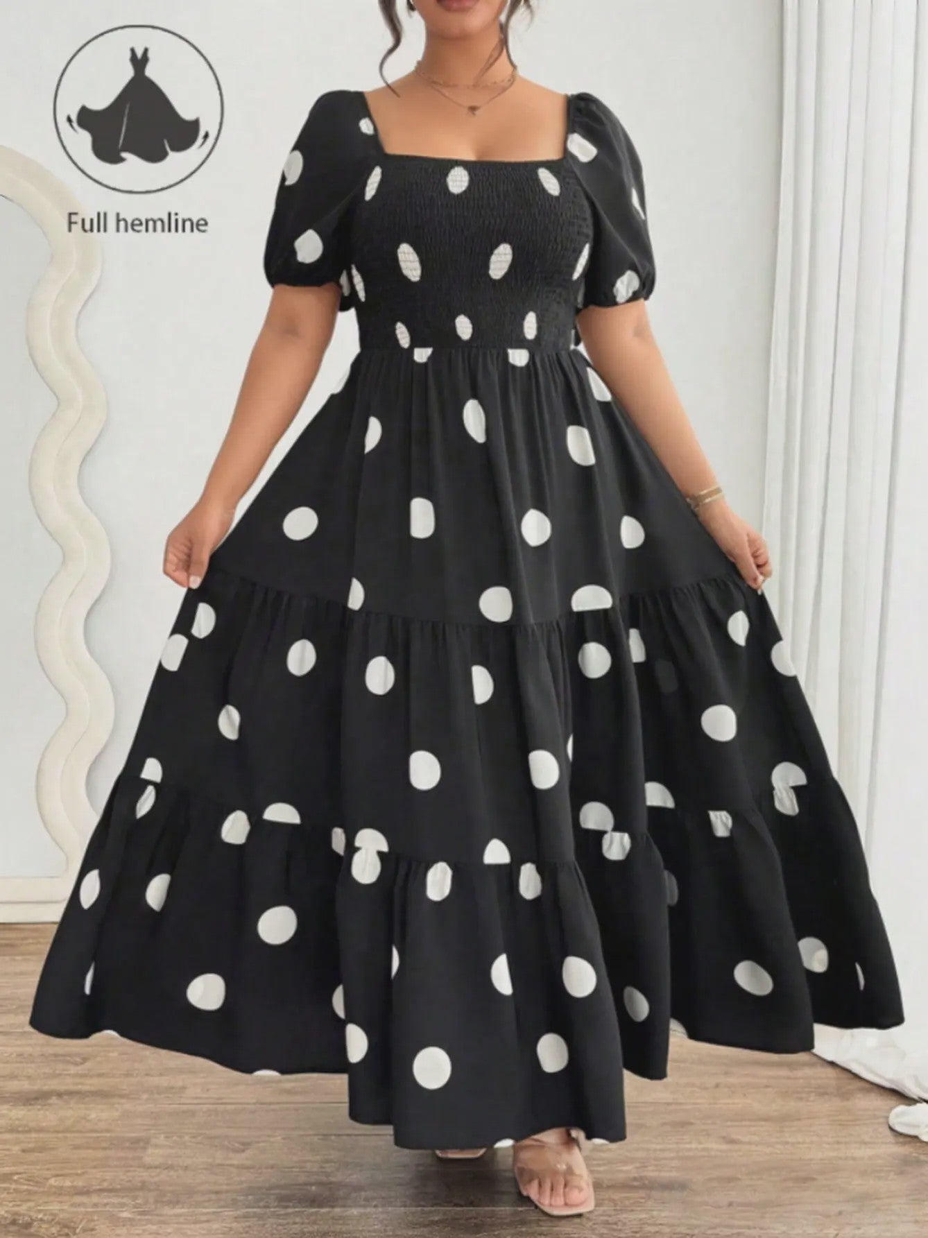Zwarte Polka Dot Jurk met Pofmouwen en Vierkante Hals - Elegante Zomerjurk voor Dames