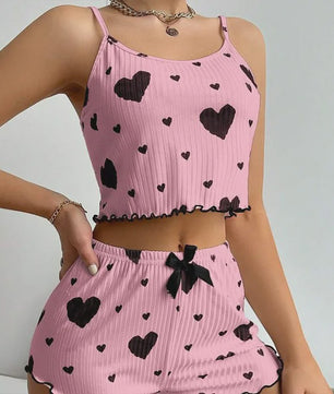 Dames Pyjama Set: 2-delig Tanktop & Shorts met Liefdesprint - Zacht & Ventilerend