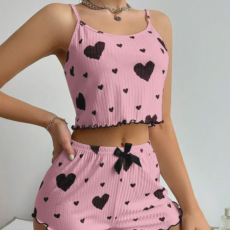 Dames Pyjama Set: 2-delig Tanktop & Shorts met Liefdesprint - Zacht & Ventilerend