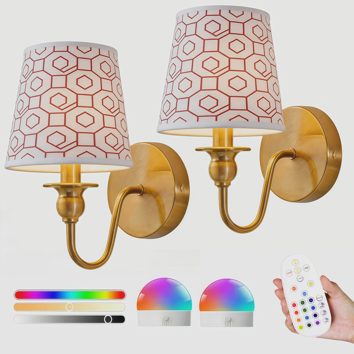 Draadloze Wandlamp Goud met Afstandsbediening & 15 Kleuren LED - Oplaadbaar, Dimbaar, Stoffen Kap