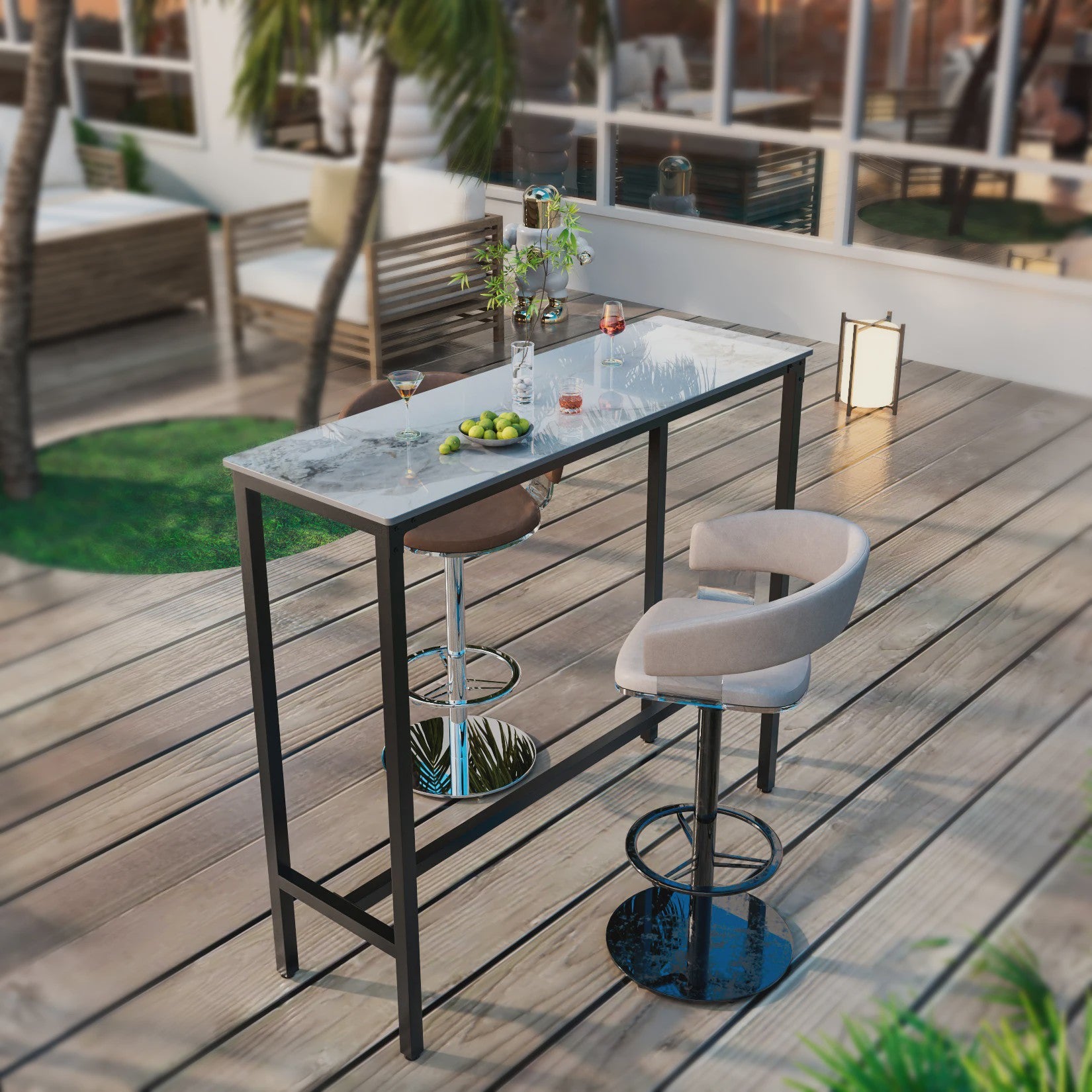 Sintered Stone Bartafel Wit Rechthoekig 120cm - Counter Height Pub Tafel met Zwart Metaal Frame