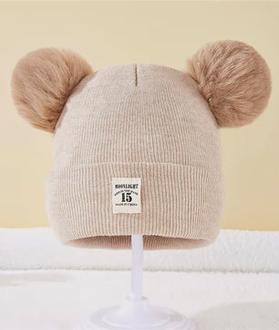 Warme Gebreide Babymuts met Dubbele Pompon - Winter Muts voor Jongens en Meisjes