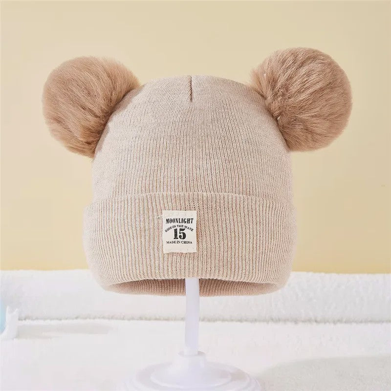 Warme Gebreide Babymuts met Dubbele Pompon - Winter Muts voor Jongens en Meisjes