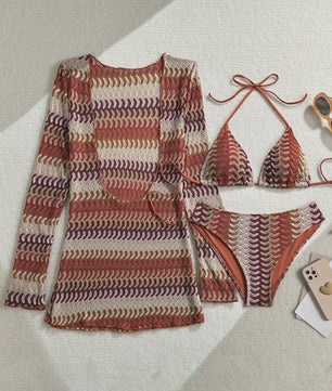 Drieparts Bikini Set met Lange Mouwen Cover-up - Stijlvol en Uniek Print