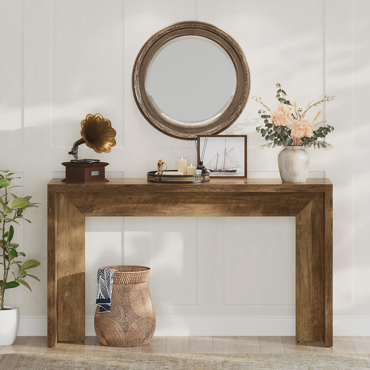 Tribesigns 140cm Farmhouse Console Tafel met Opbergruimte - Rustiek Bruin Hout