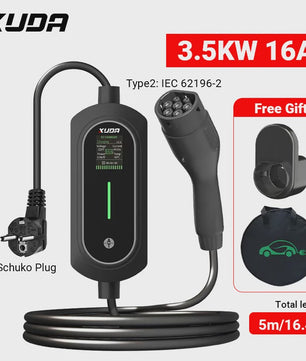 Draagbare Type 2 EV Charger 3.5KW 16A, 5M Kabel, IP66 Waterdicht, Instelbare Stroomsterkte