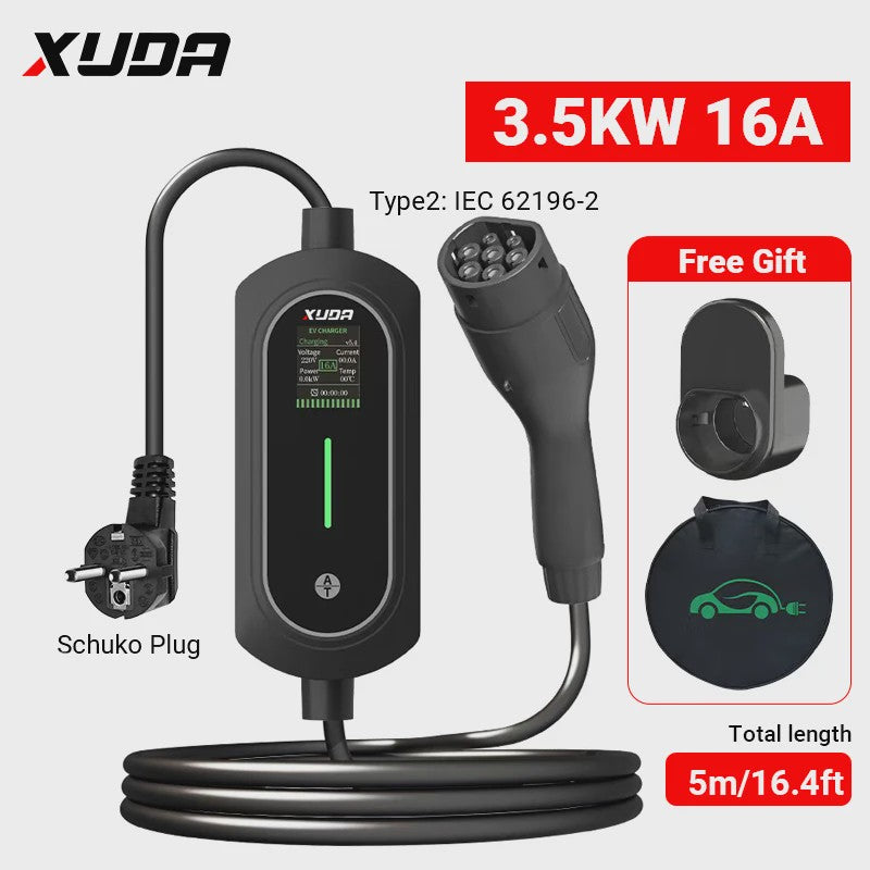 Draagbare Type 2 EV Charger 3.5KW 16A, 5M Kabel, IP66 Waterdicht, Instelbare Stroomsterkte