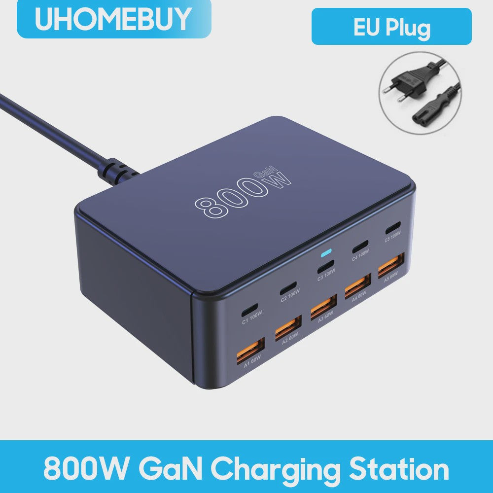 800W GaN Snellader met 10 Poorten (5x USB-C 100W, 5x USB-A 60W) - PD3.0 PPS QC3.0